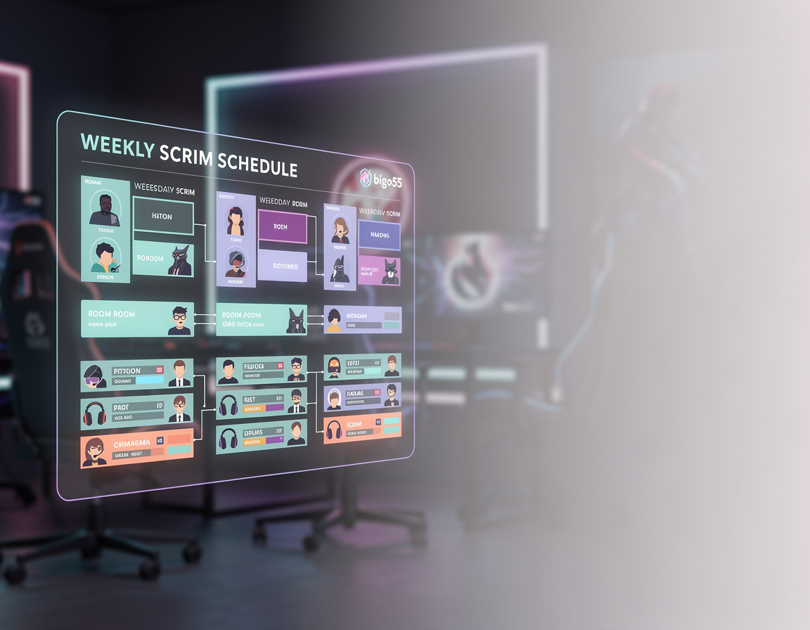 Ilustrasi jadwal scrim mingguan untuk turnamen game online bigo55 dengan bracket dan room match