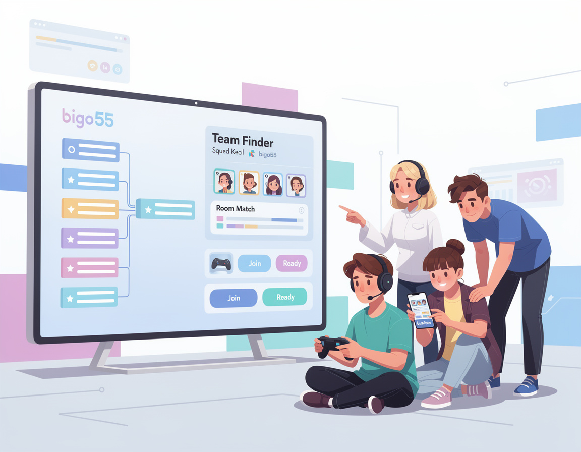 Ilustrasi team finder untuk squad kecil untuk turnamen game online bigo55 dengan bracket dan room match